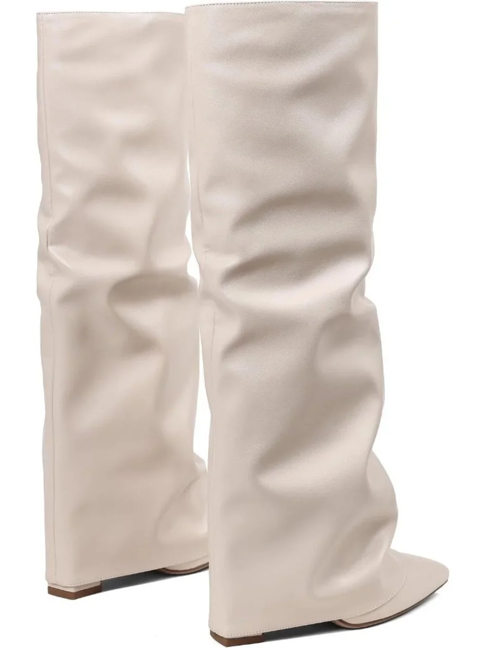 Women Apricot Pu Pointed Toe Fold Over Chunky Block Heel Slouchy Knee High Boots